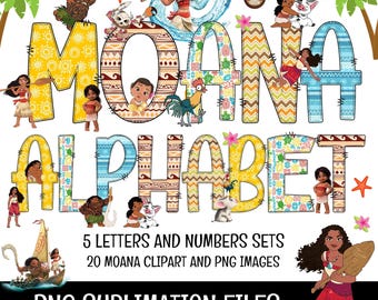 Moana 2 Doodle Alphabet Letters, Numbers PNG Bundle Instant Download