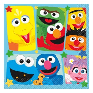May include: A square paper napkin featuring a colorful grid of Sesame Street characters including Big Bird, Oscar the Grouch, Elmo, Bert, Ernie, Cookie Monster, Grover, and Abby Cadabby, accented with small red, green, blue, and yellow stars.