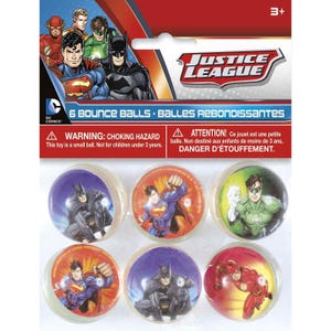 May include: A package of six clear bounce balls featuring Justice League characters. Each ball has a different character image, including Batman, Superman, and The Flash. The packaging includes the Justice League logo and a choking hazard warning.