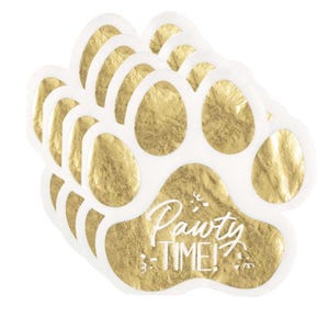 May include: A stack of white paw-shaped party decorations with gold foil accents. The text "Pawty Time!" is written in white script on the gold foil. These decorations are suitable for a pet-themed party.