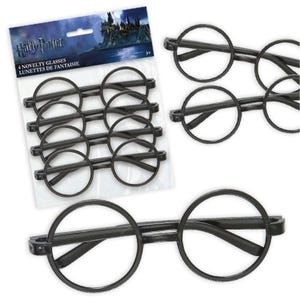 May include: A package of four novelty glasses with round black frames. The package has the words "Harry Potter" and "4 Novelty Glasses Lunettes de Fantaisie" printed on it. The glasses are a costume accessory.