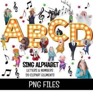 May include: A digital graphic featuring the letters A, B, C, and D in a marquee style, surrounded by musical notes and cartoon characters. The text "SING ALPHABET" and "PNG FILES" are also included.