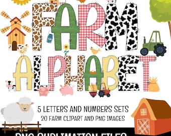 May include: A colorful farm-themed design featuring the words "FARM ALPHABET" in various patterns, including cow spots and gingham. The image includes farm animals, a tractor, and the text "5 LETTERS AND NUMBERS SETS, 20 FARM CLIPART AND PNG IMAGES, PNG SUBLIMATION FILES."