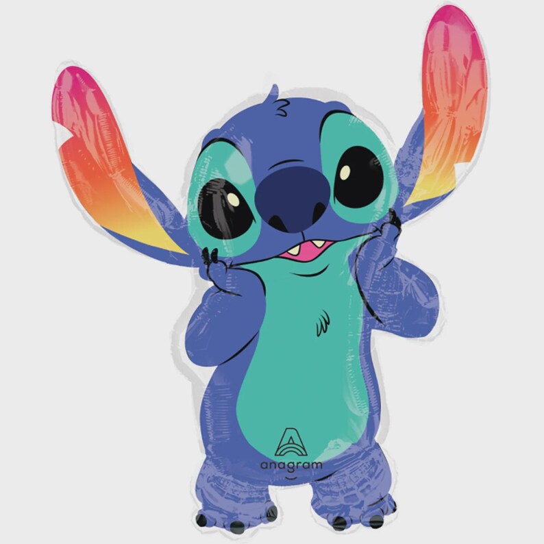 May include: A foil balloon shaped like the character Stitch, featuring a blue and teal body with large ears that transition from blue to orange and yellow. The character has black eyes, a dark blue nose, and a small mouth. The Anagram logo is printed.