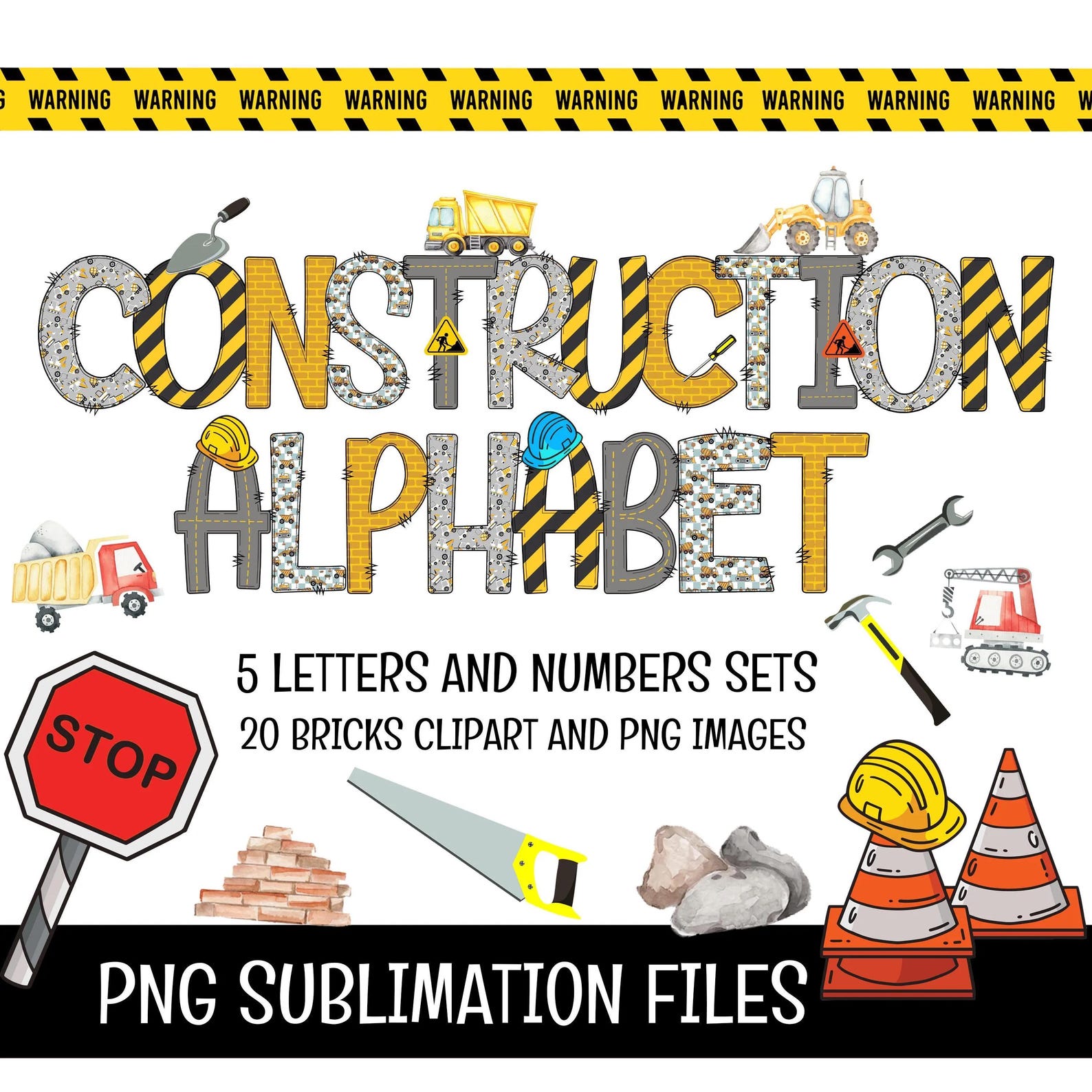 Construction Alphabet Clipart Bundle: PNG Letters & Numbers (digital ...