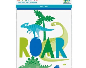May include: A package of white loot bags with a dinosaur theme. The bags feature a blue dinosaur, a green dinosaur, and the word "ROAR" in green and blue. The top of the package has the words "UNIQUE PARTY!" in colorful letters.