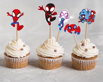Spidey and His Friends Cupcake Toppers – Superhero Birthday Party Decorations