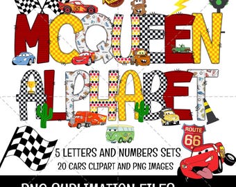 May include: A colorful digital design featuring the word "McQueen Alphabet" with various car illustrations. The design includes racing flags, a Route 66 sign, and the text "5 Letters and Numbers Sets, 20 Cars Clipart and PNG Images."