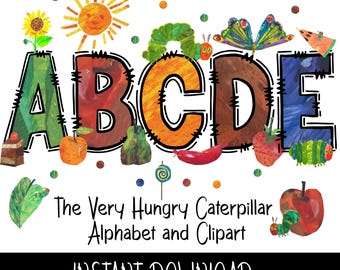 Il bruco mai sazio scarabocchia le lettere dell'alfabeto PNG Bundle Download immediato