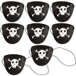 May include: Black pirate eye patches with a white skull and crossbones design. Each patch has a black string for securing around the head. Perfect for Halloween costumes or themed parties.