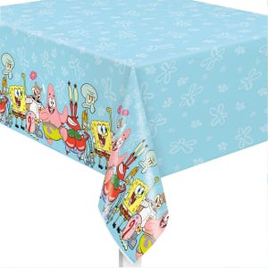 May include: A light blue rectangular tablecloth featuring a repeating pattern of white floral designs. The border showcases cartoon characters, including a yellow sponge, a pink starfish, and a red crab. The tablecloth is made of a shiny, waterproof material.