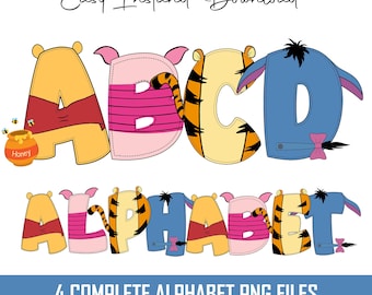 Paquete de letras del alfabeto de Winnie the Pooh con dibujos PNG, descarga instantánea