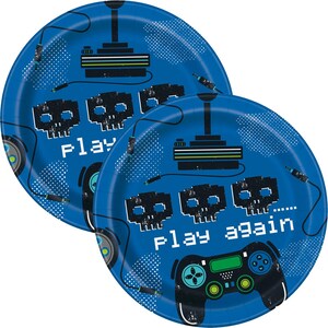 May include: Two blue paper plates with a video game theme. Each plate features pixelated skulls, a joystick, and the words "Play" and "Play Again" in white. The plates have a black and green color scheme.