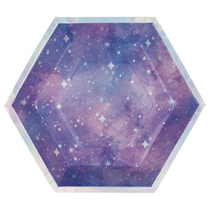 May include: A hexagonal paper plate with a galaxy design. The plate features a purple and blue watercolor background with white star accents. The edges have a silver iridescent trim.