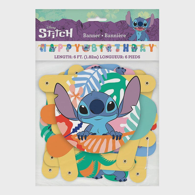 May include: A Disney Stitch themed birthday banner in packaging. The header features the text 'Disney STITCH Banner' and 'HAPPY BIRTHDAY' with a length of 6 ft. The banner pieces are circular and rectangular, featuring blue Stitch illustrations and tropical leaves.