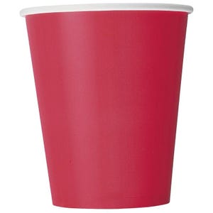 May include: A solid red disposable paper cup with a smooth matte finish and a distinct white rim at the top. The cup features a tapered cylindrical shape that widens toward the opening, providing a simple and functional design for holding beverages.