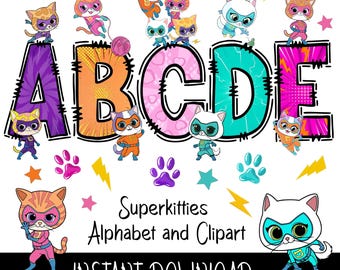 Download immediato del pacchetto PNG di lettere dell'alfabeto scarabocchio Superkitties