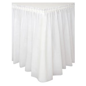 May include: A white table skirt with a pleated design. The skirt is made of a lightweight fabric and is designed to drape around a table. The skirt is a solid white color and is suitable for events.