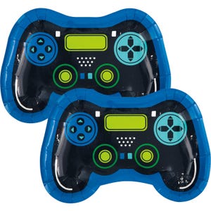 May include: Two blue and black paper plates shaped like video game controllers. Each plate features a blue border, green and blue buttons, and a rectangular green section. The plates are designed for a gaming-themed party.