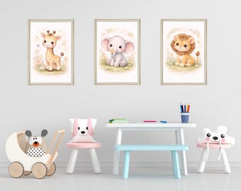 Ensemble d'impressions pour chambre d'animaux Safari | Aquarelle de lion, d'éléphant et de girafe (téléchargement numérique)