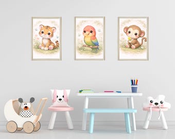 Ensemble d'imprimés d'animaux de la jungle | Décoration de chambre d'enfant à l'aquarelle (téléchargement numérique)