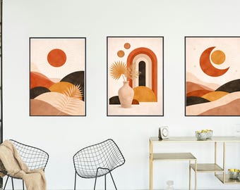 Ensemble d'impression soleil lune moderne du milieu du siècle, art mural bohème de chambre à coucher (téléchargement numérique)