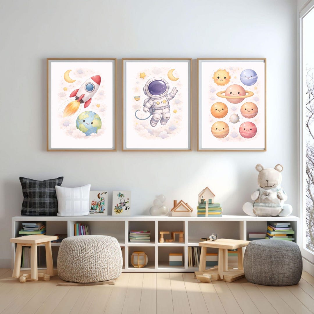 Space Nursery Wall Art Set of 3 | Astronaut Rocket Planets Prints ...