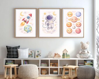 Ensemble d'impressions pour chambre d'enfant de l'espace | Astronaute aquarelle, fusée (téléchargement numérique)