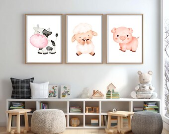 Impressions de chambre d'animaux de la ferme, lot de 3 d'art mural vache agneau cochon, décoration de chambre d'enfant imprimable, art mural bébé neutre, téléchargement numérique