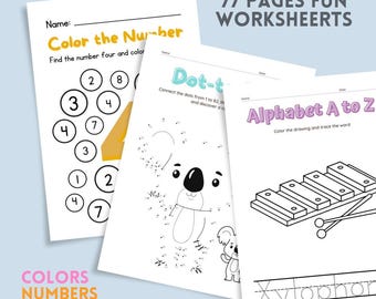 Kit d'activités pour enfants d'âge préscolaire, 77 pages, caractères alphabétiques, pages à colorier (PDF)