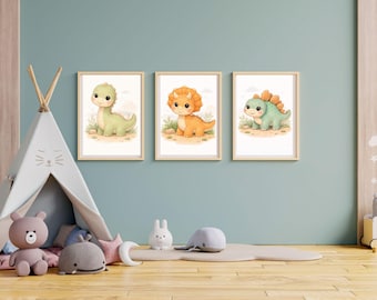 Art mural dinosaure pour chambre d'enfant | Lot de 3 impressions aquarelle (téléchargement numérique)