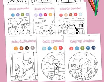 Feuilles d'exercices couleur par numéro, 50 pages, activité d'apprentissage pour les enfants (ensemble PDF imprimable)