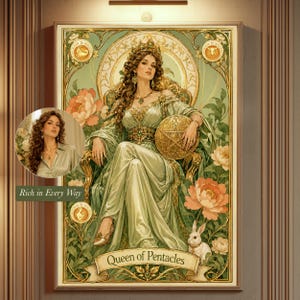 May include: A rectangular wall art print titled Queen of Pentacles featuring a woman in a flowing sage green gown sitting on a throne, holding a gold pentacle. The artwork includes floral motifs, a white rabbit, and zodiac symbols in gold frames.