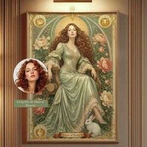 May include: A rectangular wall art print titled Queen of Pentacles featuring a woman with long wavy red hair in a sage green gown sitting on a chair surrounded by pink and white peonies and a white rabbit. A circular inset shows the woman's face.