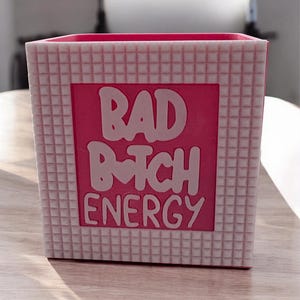 May include: A square, pink planter with a textured, grid-like pattern. The planter features a central pink panel with the white text "BAD BITCH ENERGY". The planter is designed to hold plants or other decorative items.
