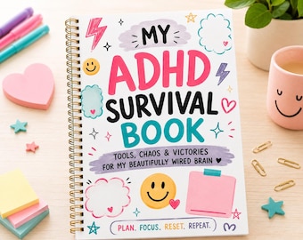 May include: A spiral-bound notebook with the title "MY ADHD SURVIVAL BOOK" in bright colours. The cover includes the text "TOOLS, CHAOS & VICTORIES FOR MY BEAUTIFULLY WIRED BRAIN" and "PLAN. FOCUS. RESET. REPEAT." Pink heart-shaped sticky notes and pens are also visible.
