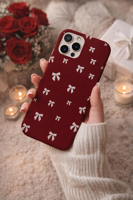 iPhoneアクセサリー Casetify Burgundy Bows Phone Case White Bow Burgundy Red Phone Case for iPhone 17 16 15 14 13 12 11