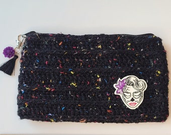 Black and Rainbow Sprinkle Clutch with zipper, Day of the dead bag with sugar skull, Crochet bag with pretty skull patch, Halloween clutch