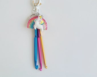 Crochet hook keychain, 3mm, 4mm, 5mm, crochet hooks, gift for crocheter, cute keychain, rainbow keychain, unicorn keychain