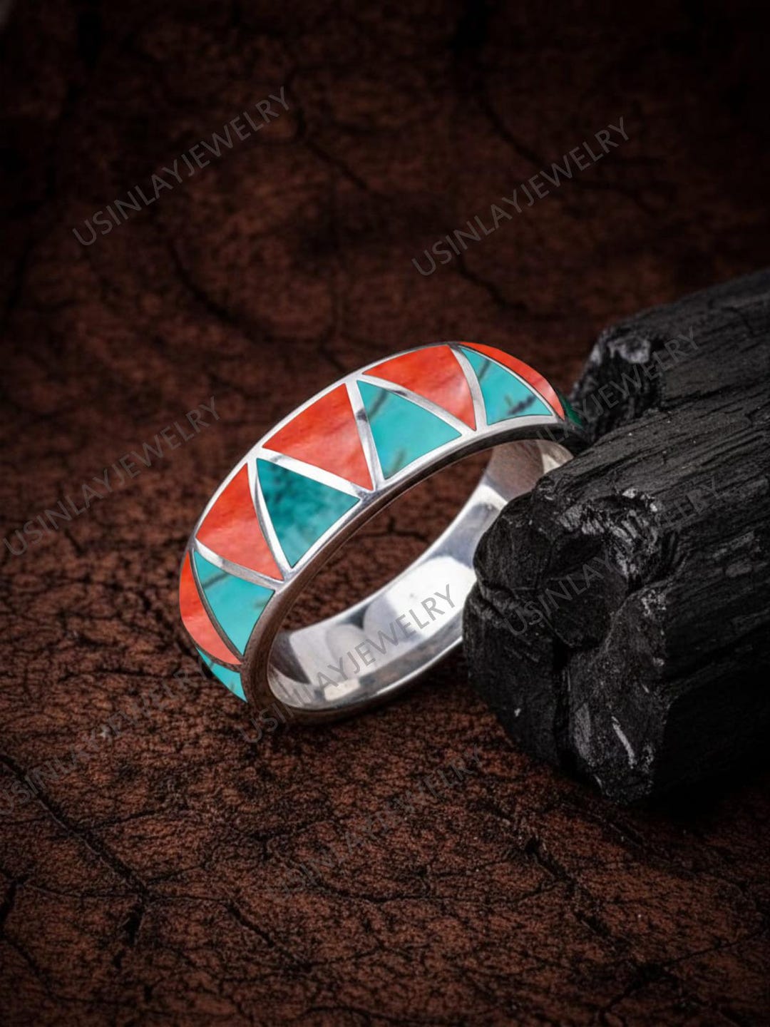 Handmade Turquoise Coral Inlay Ring, Geometric Sterling Silver Band - Etsy