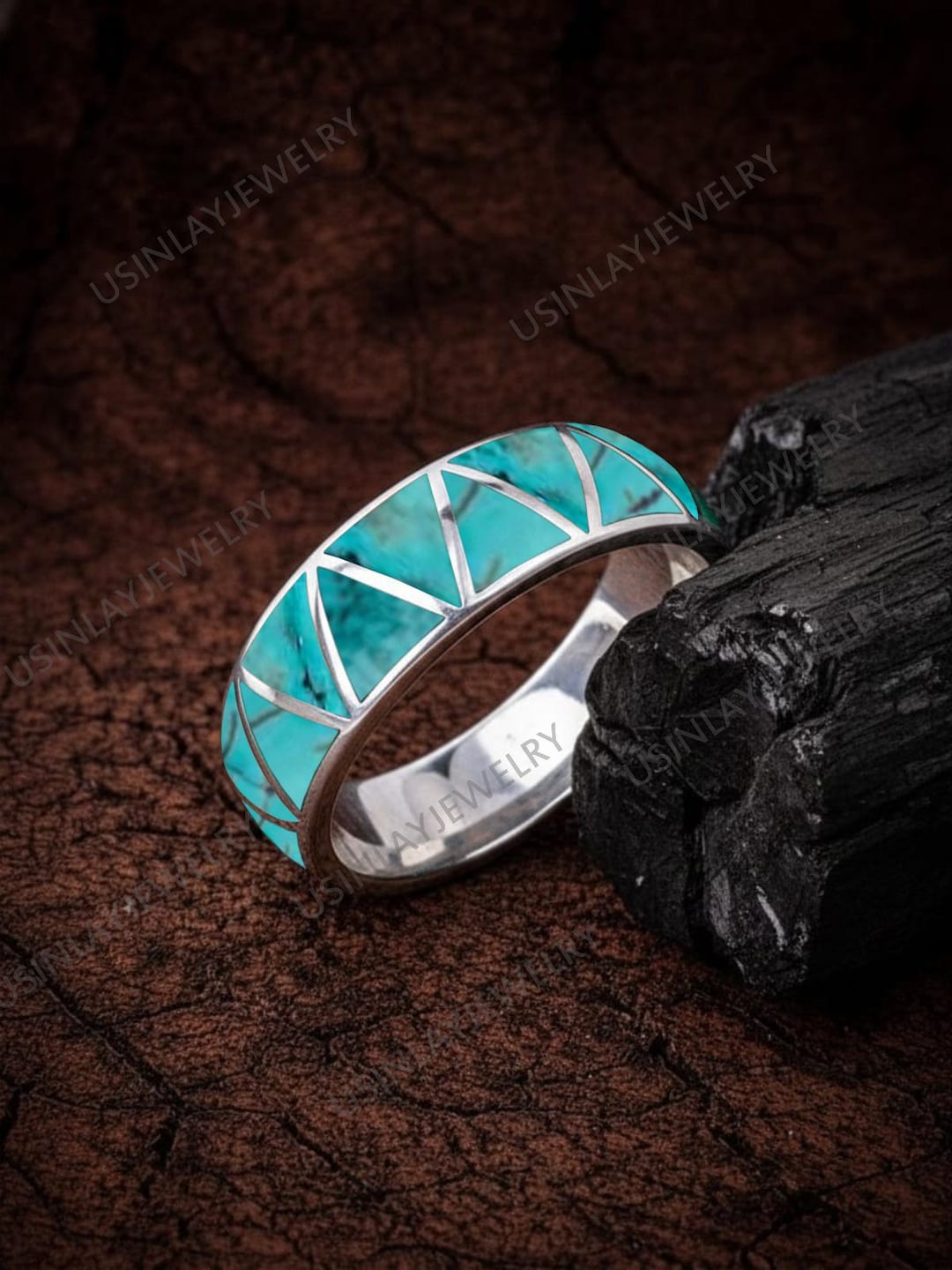 Geometric Inlay Ring Geometric Turquoise Inlay Ring, 92.5 Sterling Silver Width 10 Mm Band ...