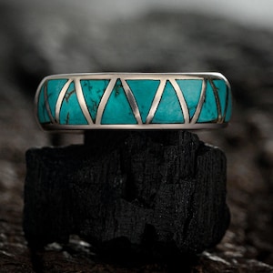 Turquoise Wedding Band Mens Ring - 925 Silver Turquoise Ring Mens Wedding Band Handmde Ring Womens Turquoise Ring Size 3 to 16