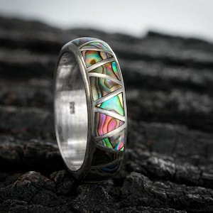 Geometric Abalone Shell Inlay Ring, 925 Sterling Silver Band, Unisex Design