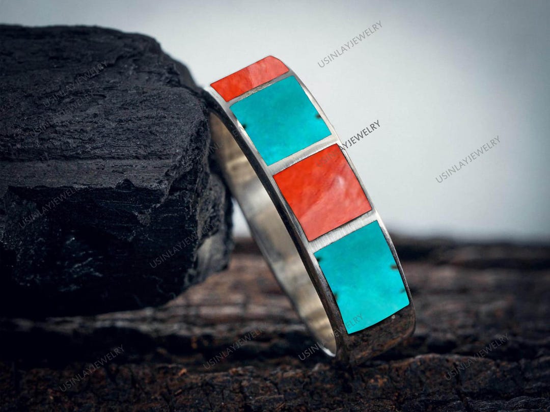 Turqoise Inlay Rings Coral & Turquoise Inlay Ring, Geometric Sterling Silver Band - Etsy