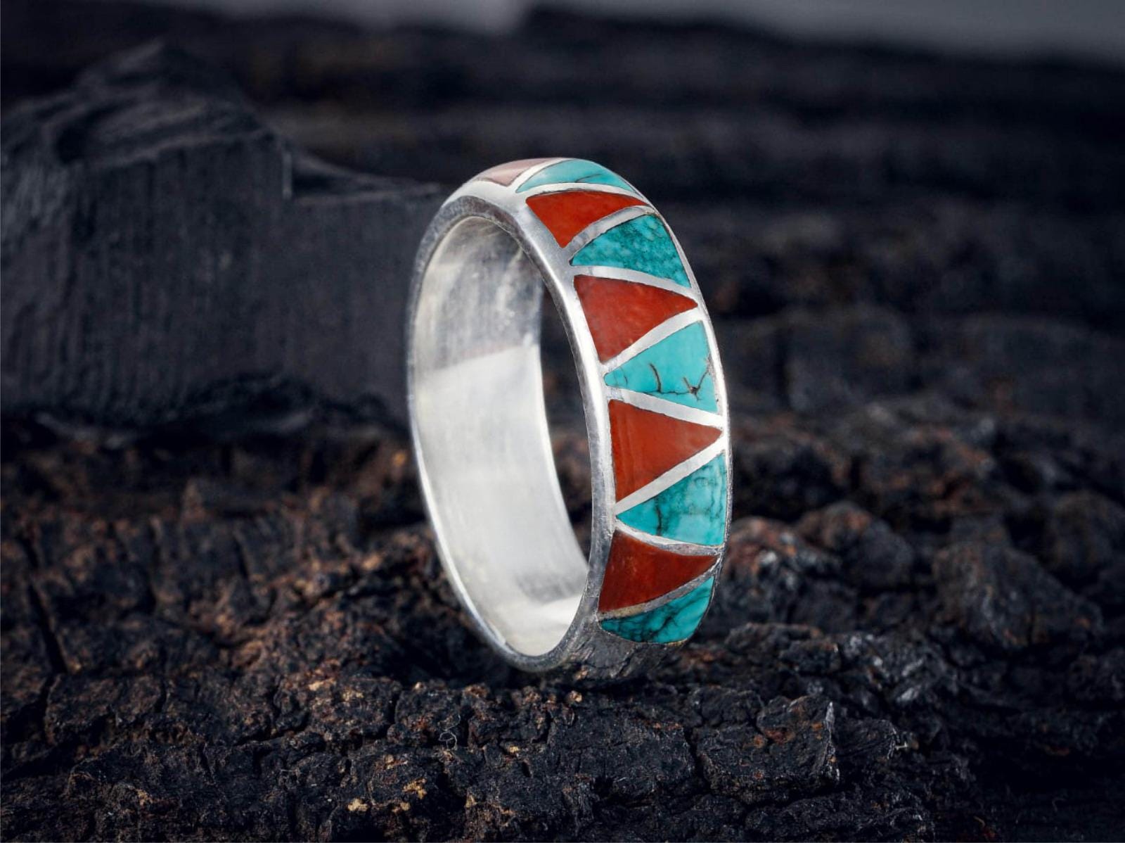 Turquoise Inlay Rings Coral & Turquoise Inlay Ring, Geometric Band, Sterling Silver - Etsy