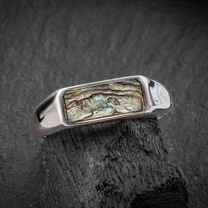 May include: A polished silver-tone ring featuring a rectangular inlay of iridescent abalone shell. The shell displays a natural pattern of swirling greens, blues, and browns with a pearlescent finish, set within a smooth, solid metal band.