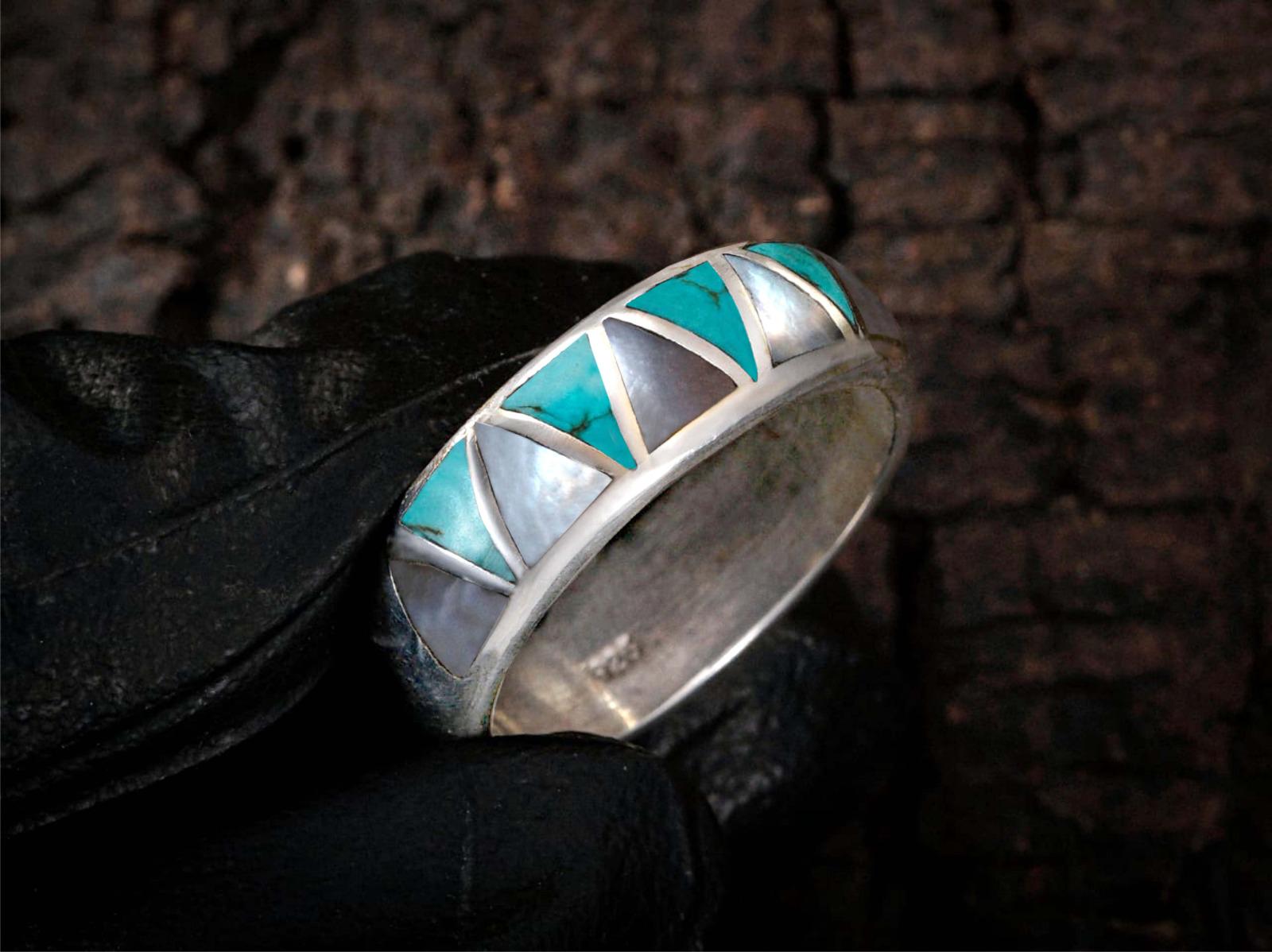 Sterling Silver Mother of Pearl & Turquoise Ring – Unisex Band - Etsy