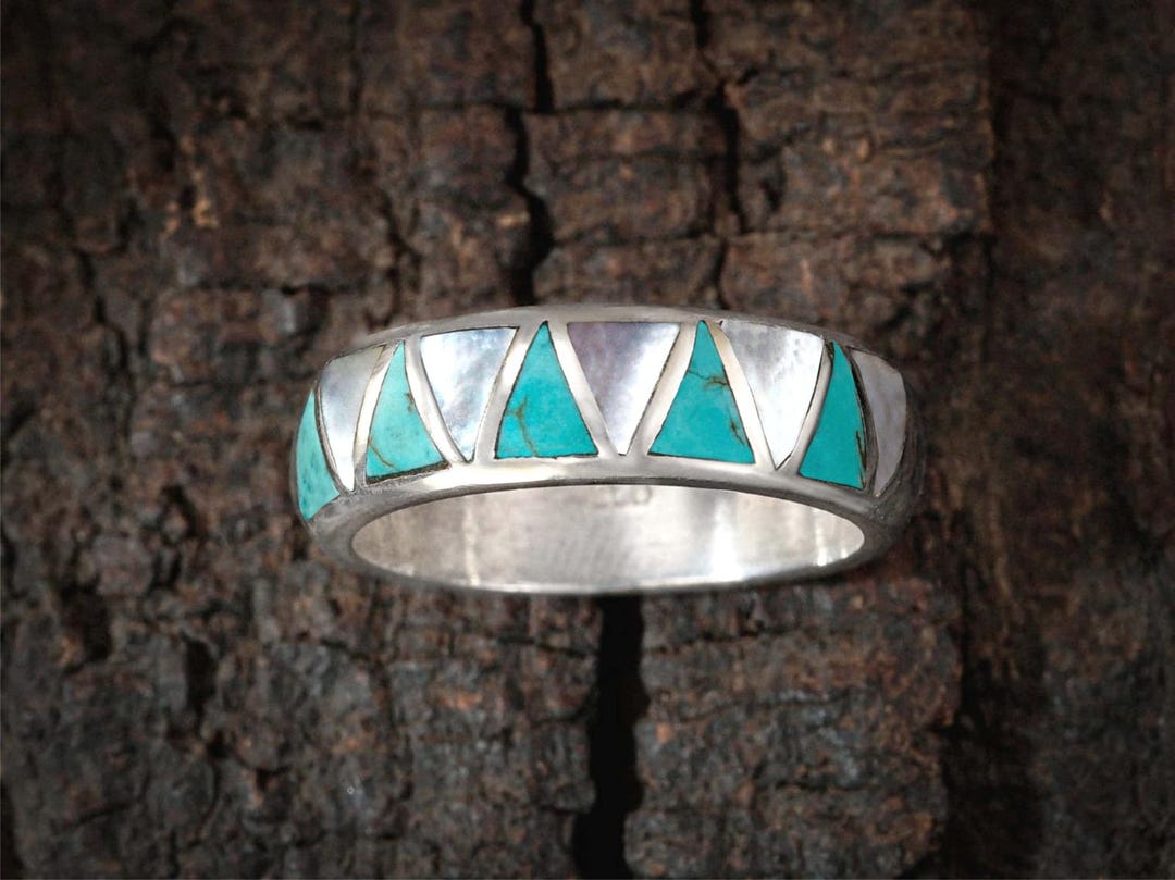 Sterling Silver Mother of Pearl & Turquoise Ring – Unisex Band - Etsy