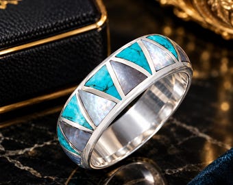 Ring aus Sterlingsilber mit Perlmutt und Türkis – Unisex-Ring
