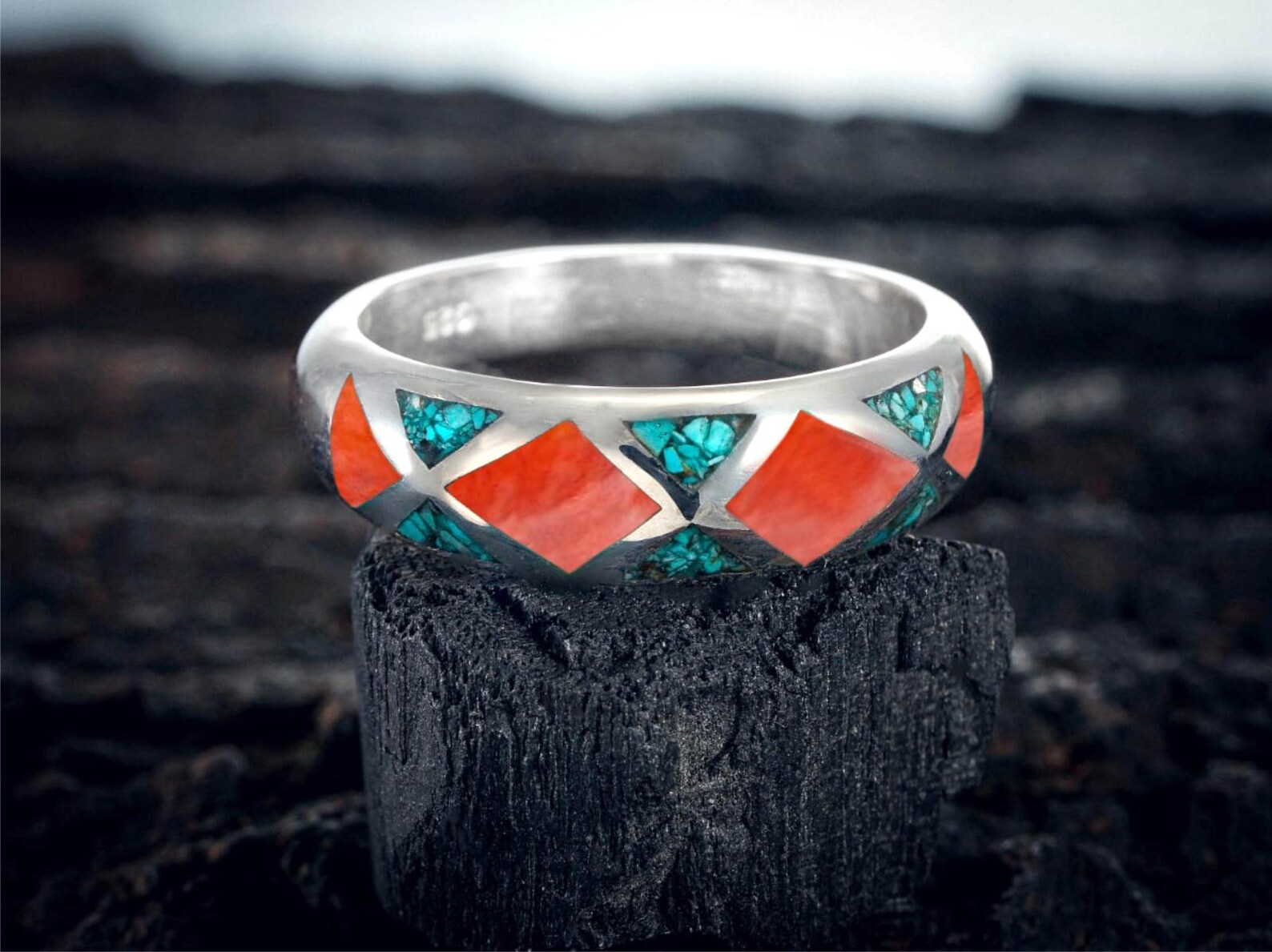 Turquoise Inlay Rings Coral & Turquoise Inlay Ring, Geometric Sterling Silver Band - Etsy